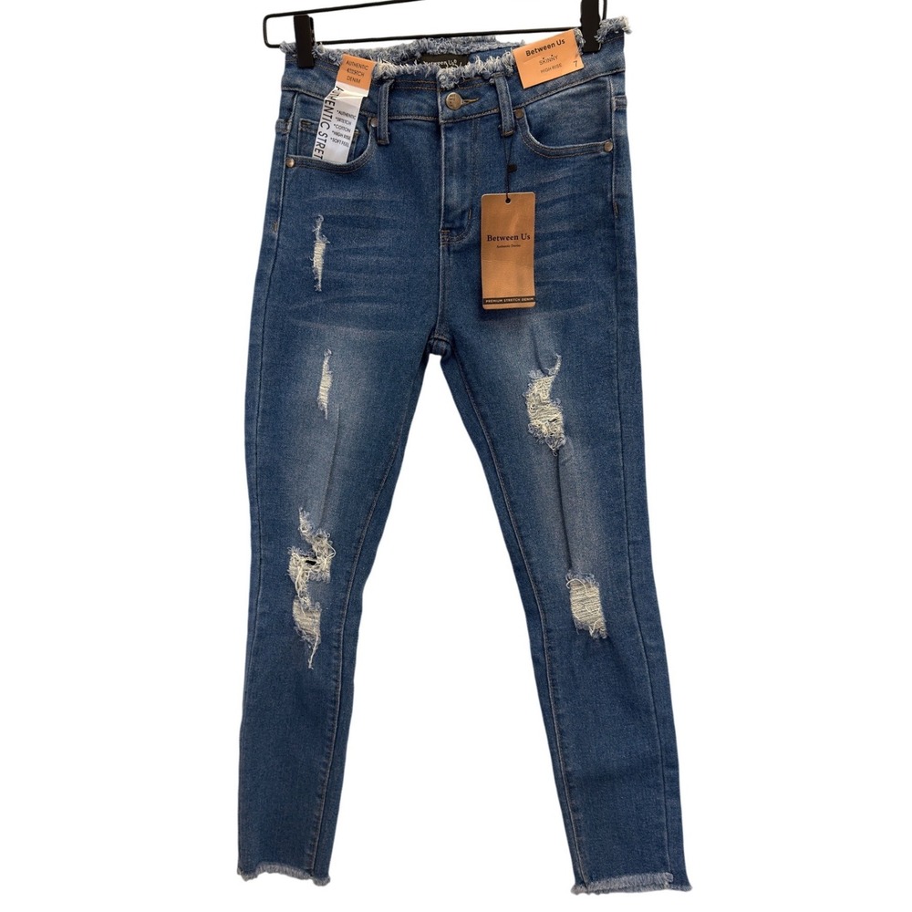 Between Us Womens High Rise Skinny Jeans Distressed Raw Hem Blue PD7073M Size 7